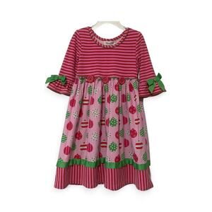 Bonnie Jean 3/4 Inch Sleeve Pink Green Christmas Bulb Ruffles Dress Size 6